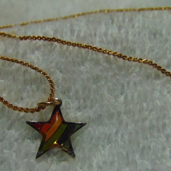 Vintage Rainbow Star with Gold Plated Back on Gold Chain Necklace - Picture 3 of 9